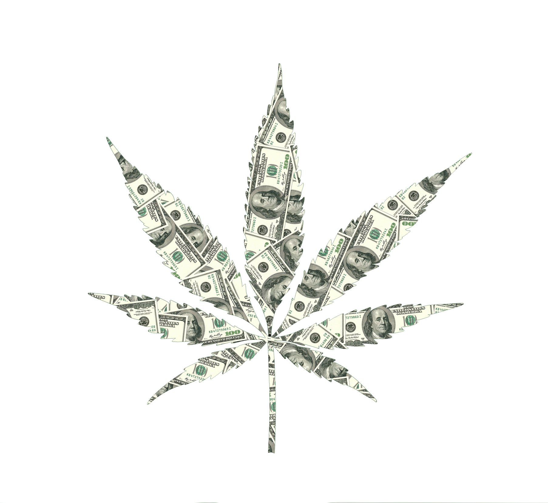 Marijuana leaf formed from $100 bills.