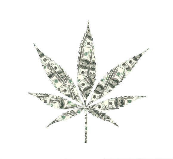 Marijuana leaf formed from $100 bills.