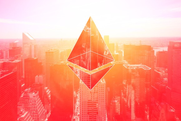 Ethereum logo superimposed over a city skyline.