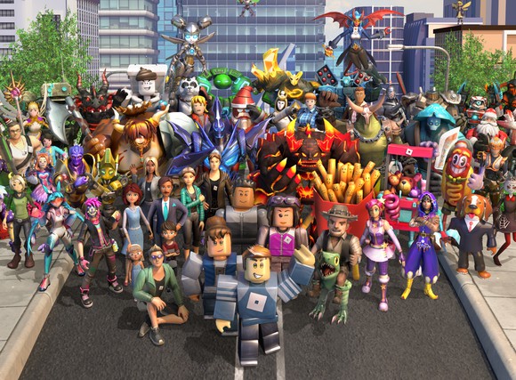 Various characters from the Roblox universe stand together on a simulated street in the Roblox metaverse.