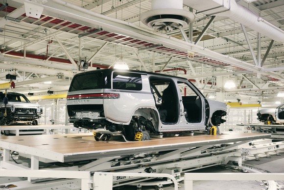 Partially-completed Rivian R1S electric SUVs on the assembly line at the company's factory in Normal, Illinois. 