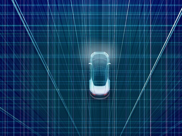 A car driving through a digital grid. 