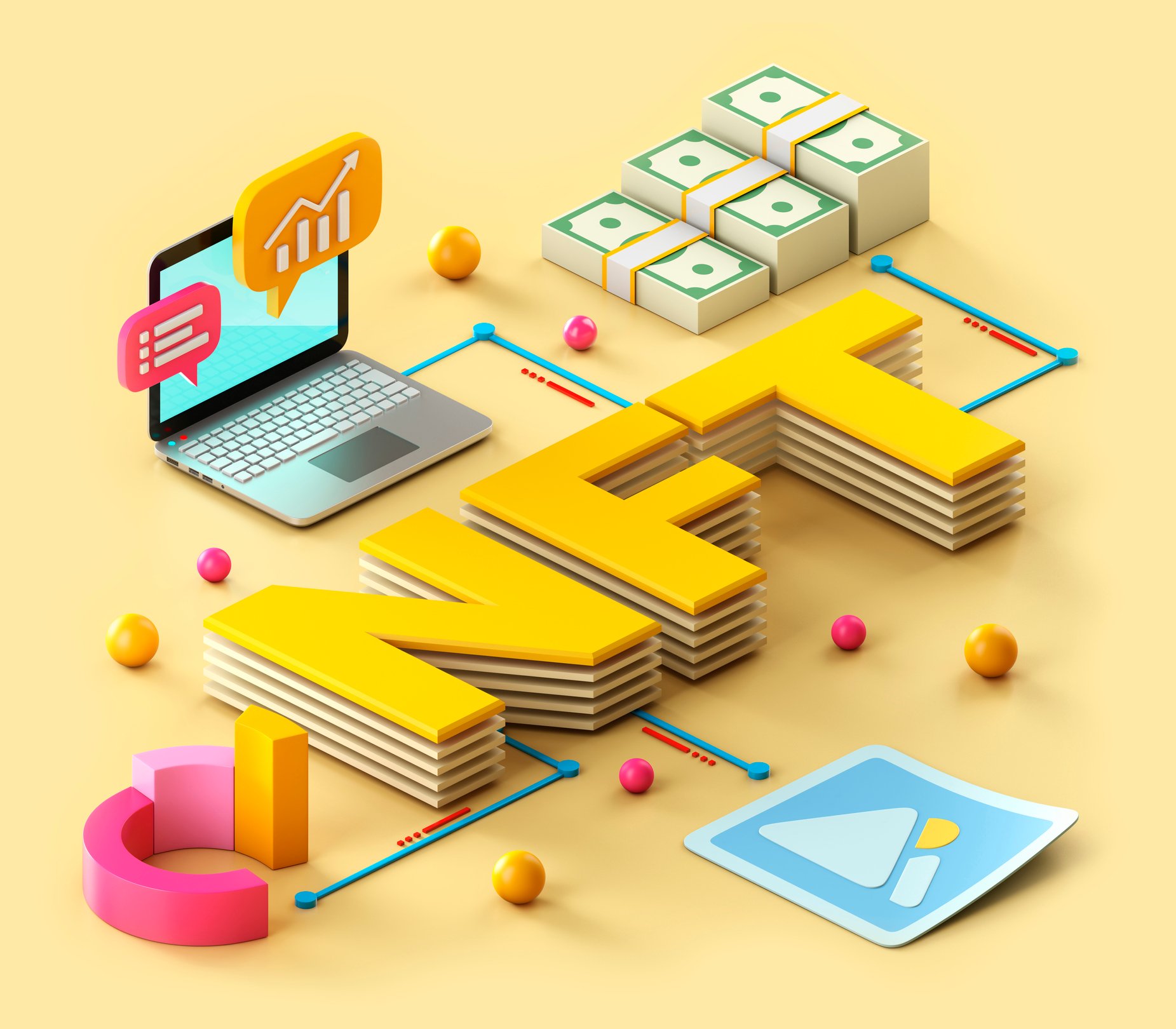 NFT graphic with money, a computer, and connections with NFTs. 