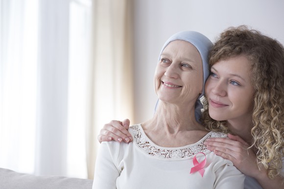 A cancer patient and another person smiling.