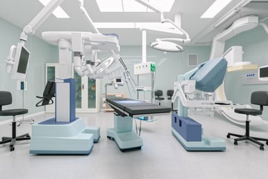 An operating room with robotic surgery equipment