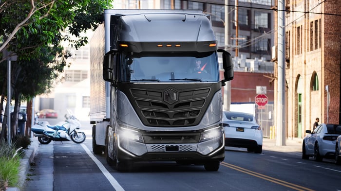 A Nikola Tre, an electric semi, on a California street. 