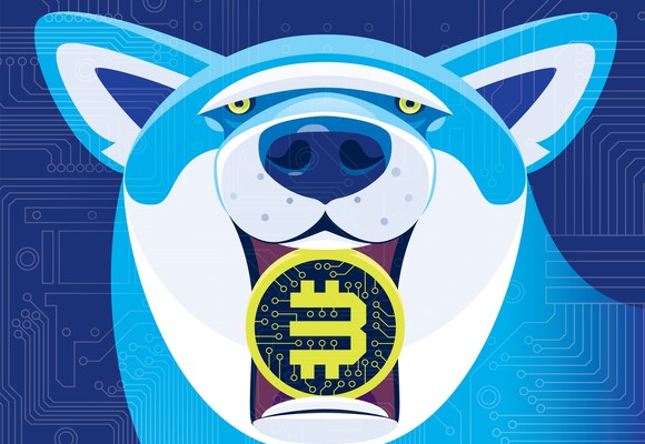 Dogecoin dog with crypto symbol in mouth.