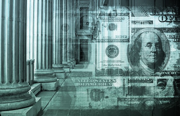 An illustration shows columns found in front of a bank with semi-transparent images of $100 bills floating in front of them