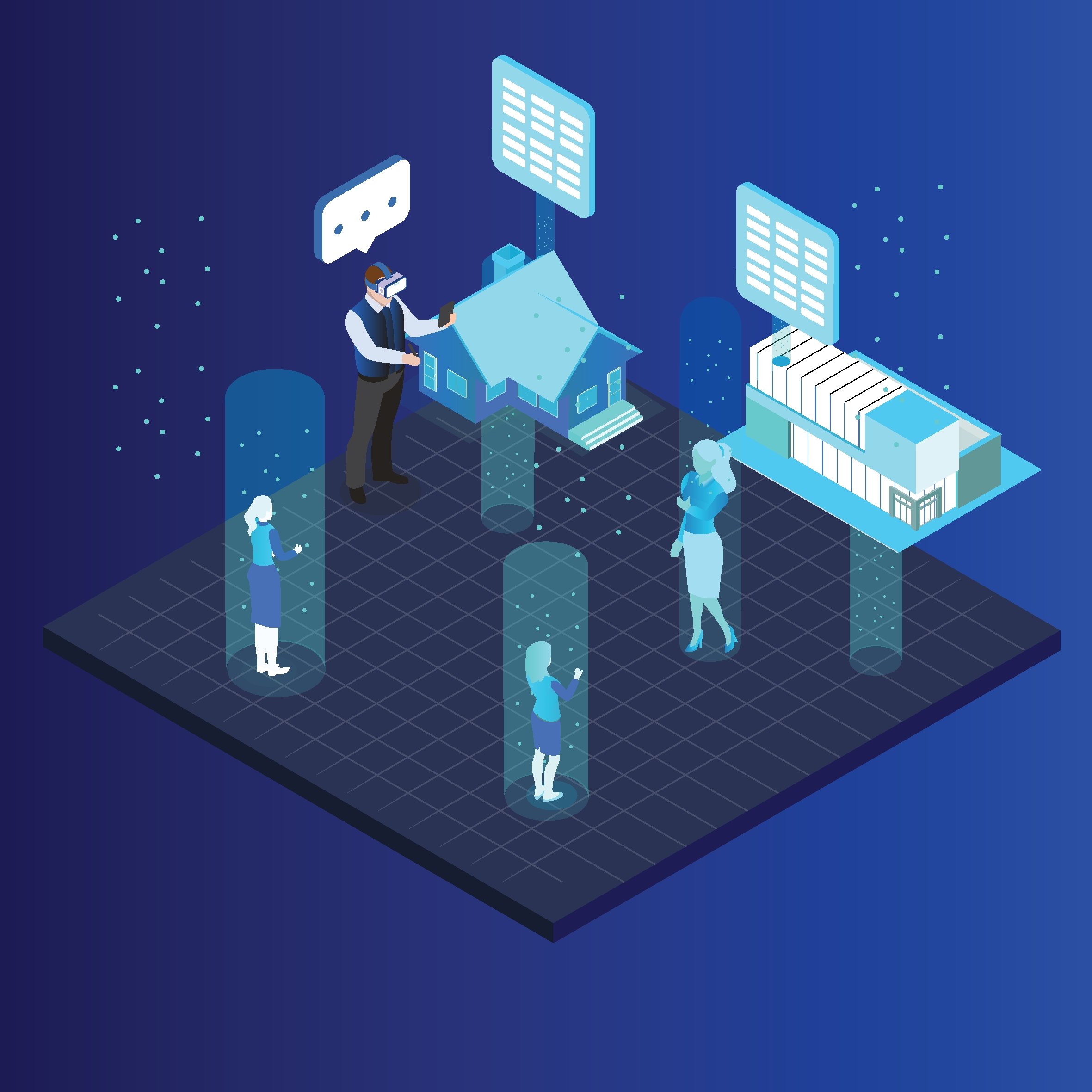 Two people on a virtual plane look at a computer generated house.