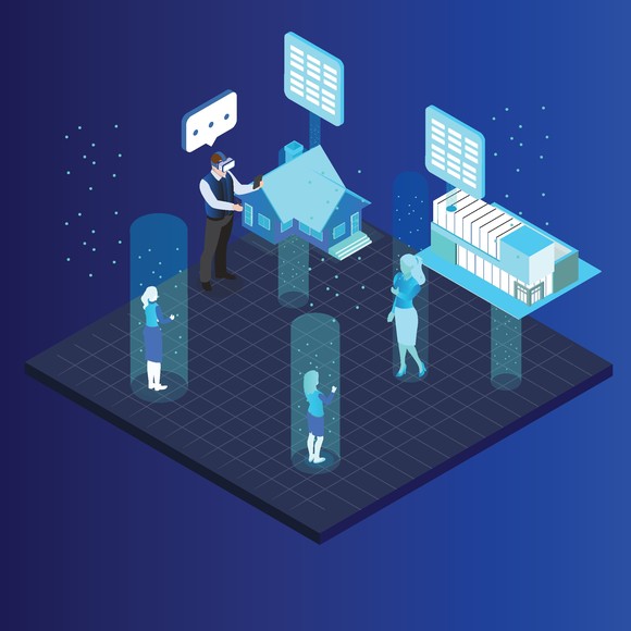 Two people on a virtual plane look at a computer generated house.