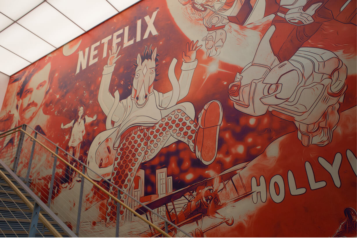 A Netflix mural showing characters from its programing.