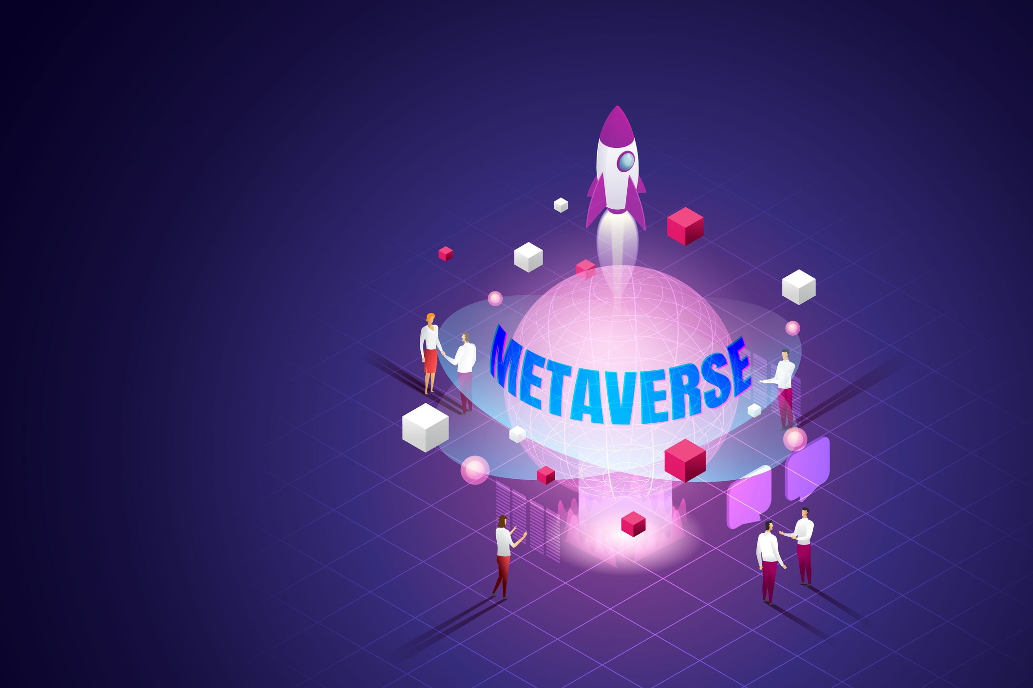 Six people stand around a projection of a planet with a rocket above it, and the word metaverse is across the planet.