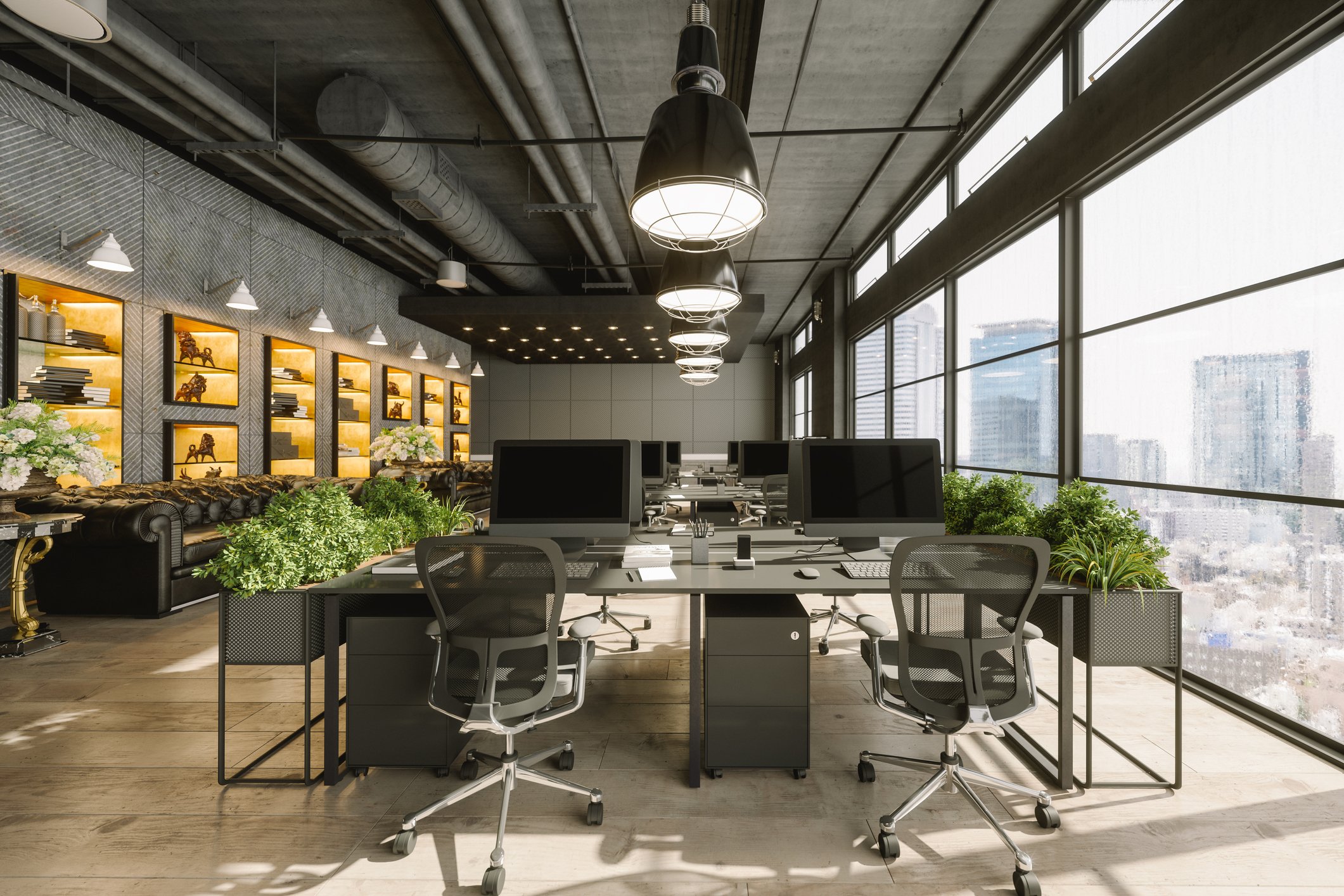 Empty modern office space overlooking big city.