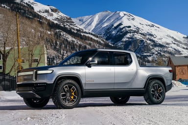 Rivian R1T electric pickup in the snow