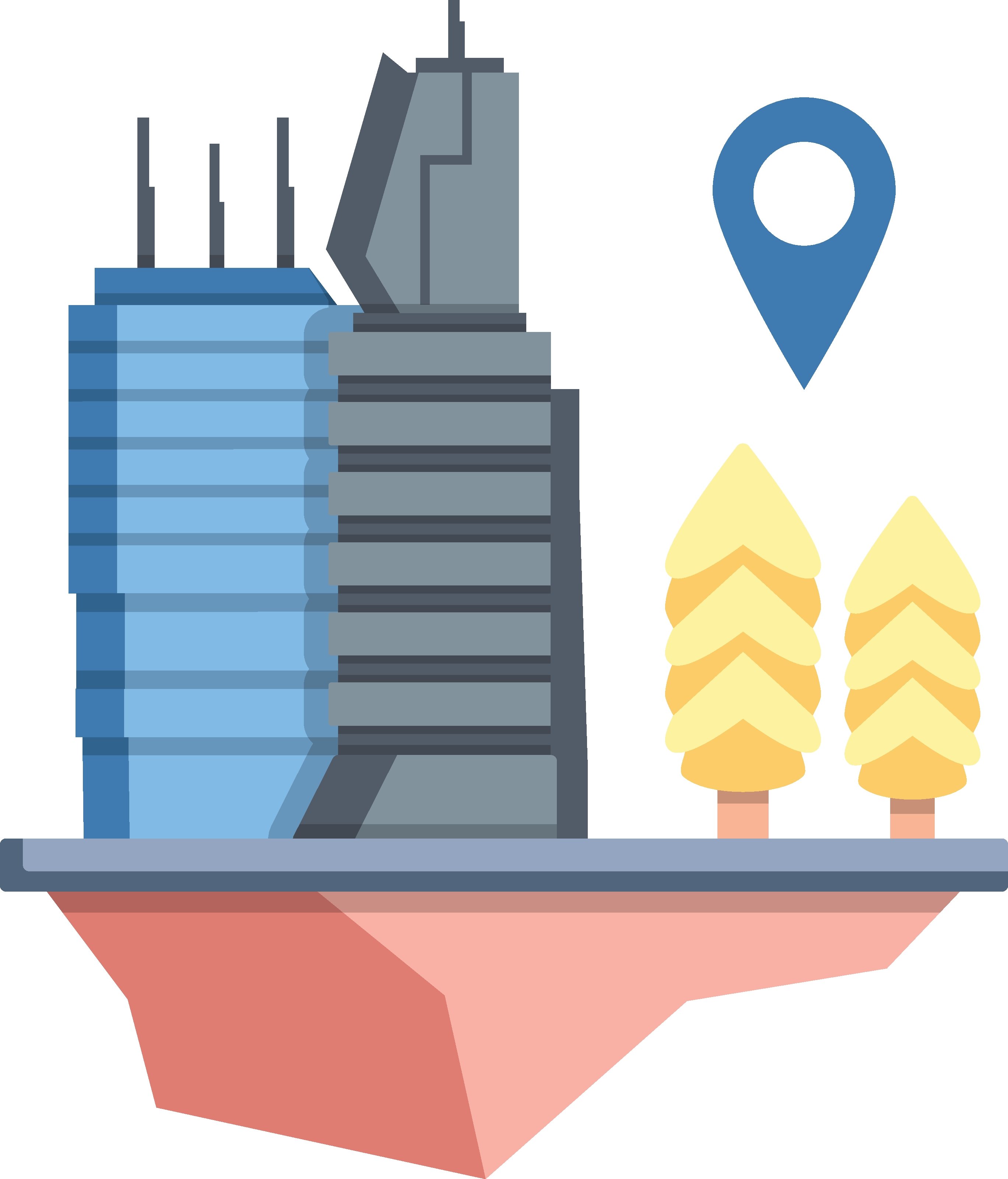 Two futuristic office buildings stand on a platform with two trees and a location indicator hovering above.