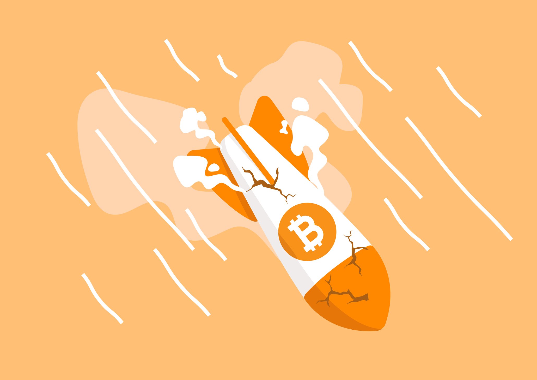 Broken rocket with the word Bitcoin on the side plummeting.
