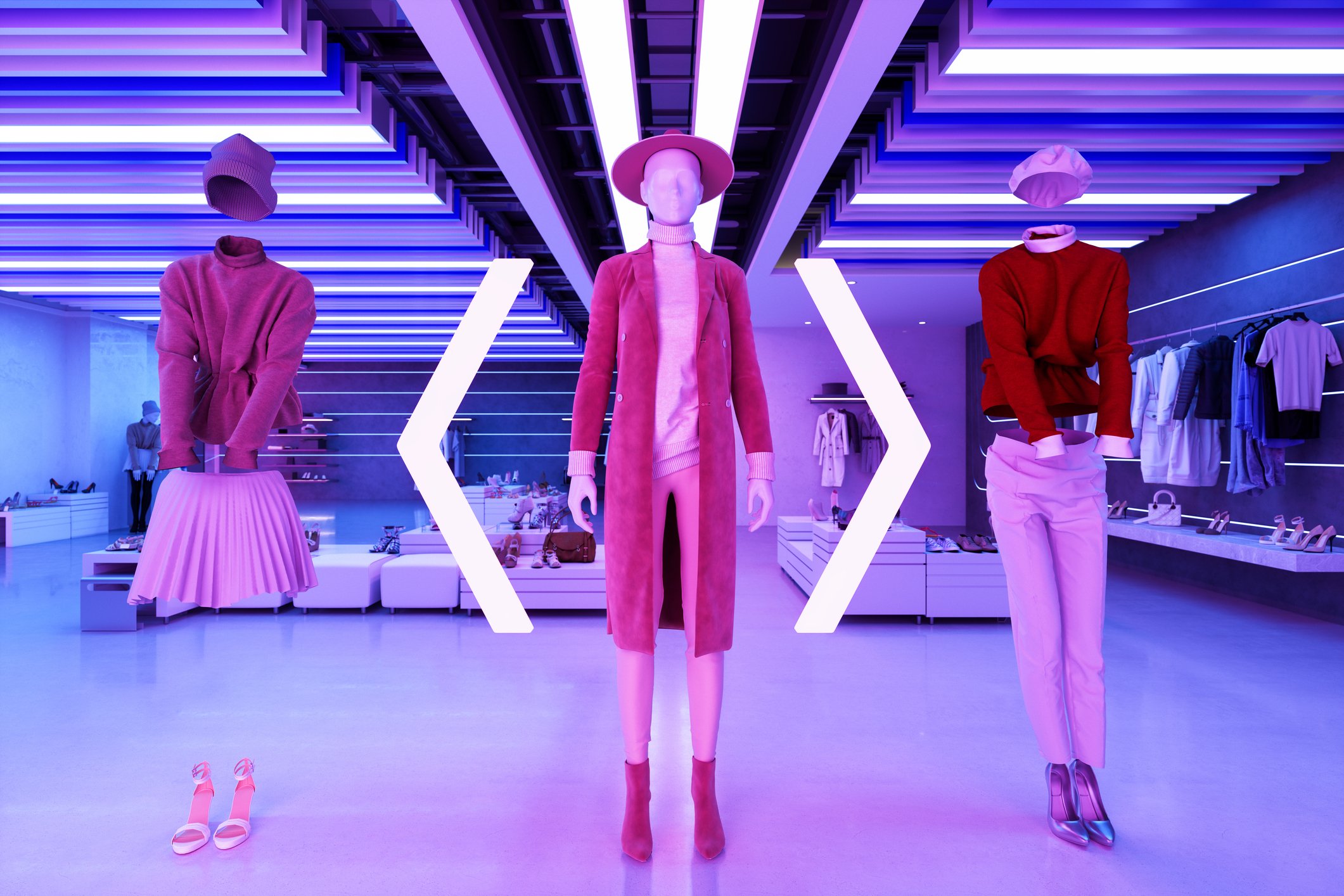 Virtual shopping outfit selection with arrows in glowing room.