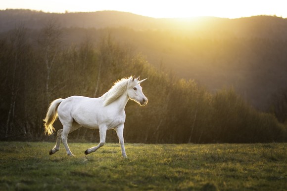Unicorn running on open field in front of mountains at sunset.