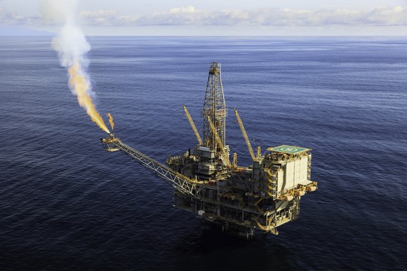 An offshore oil rig. 