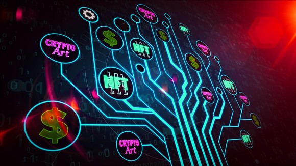 A digital tree branching into circles that say "NFT" and "crypto art."