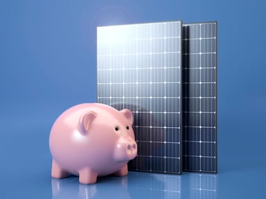 A solar panel and a piggy bank.