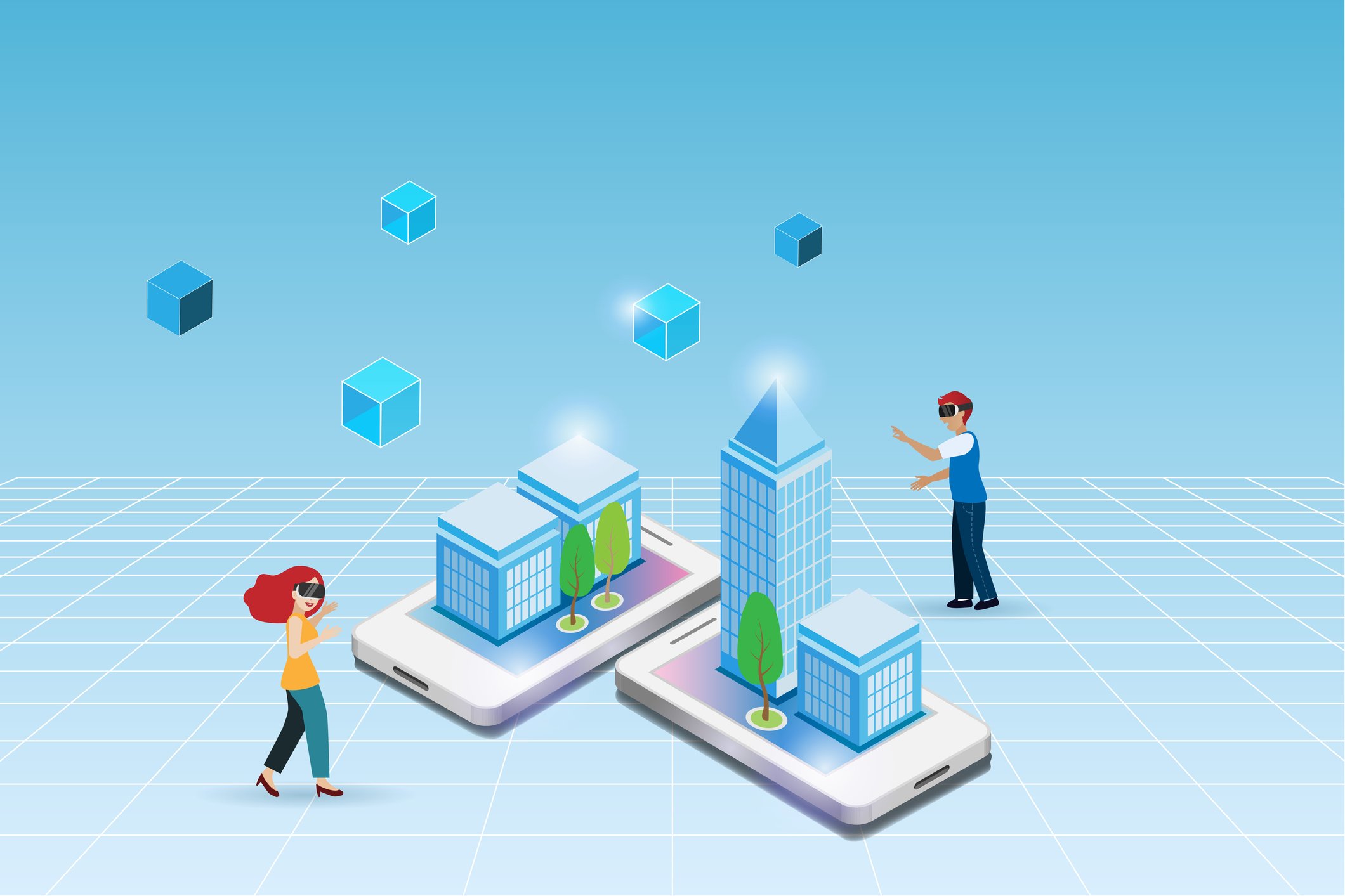 Two people stand on an empty space in front of two phones with buildings coming out of them.