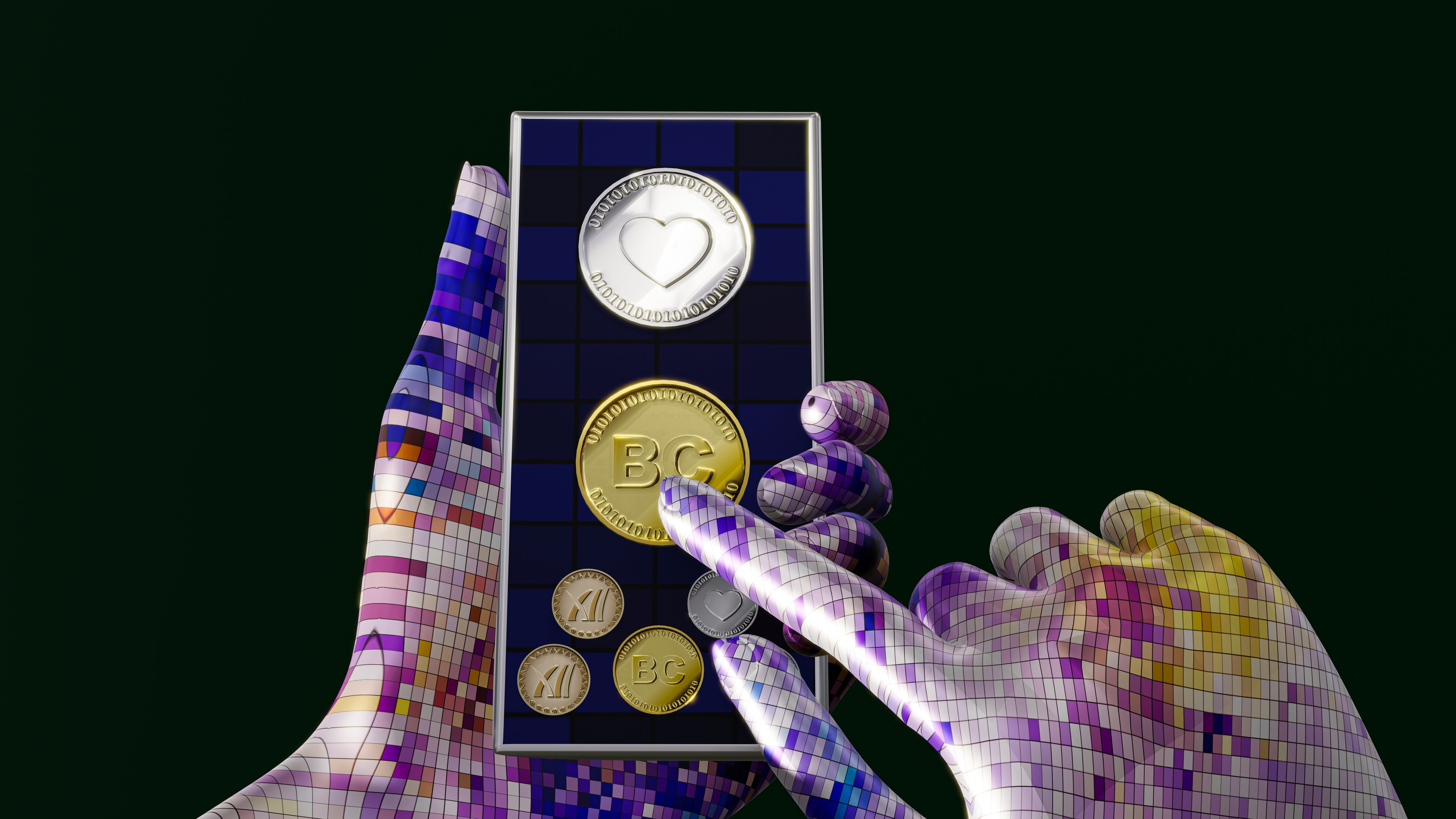 Hand holding a smartphone with cryptocurrencies displayed on the screen.