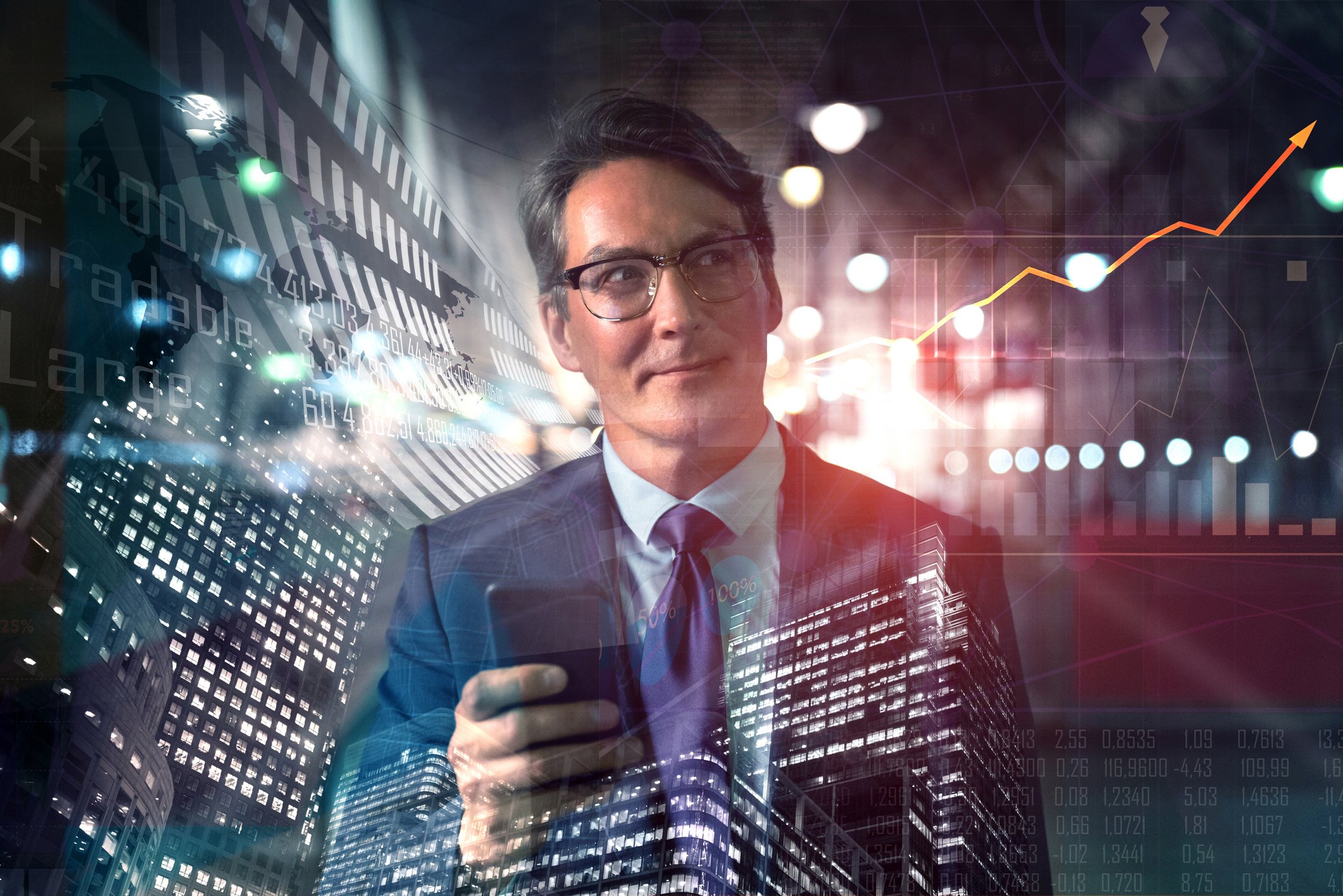 Man holding a smartphone and thinking.
