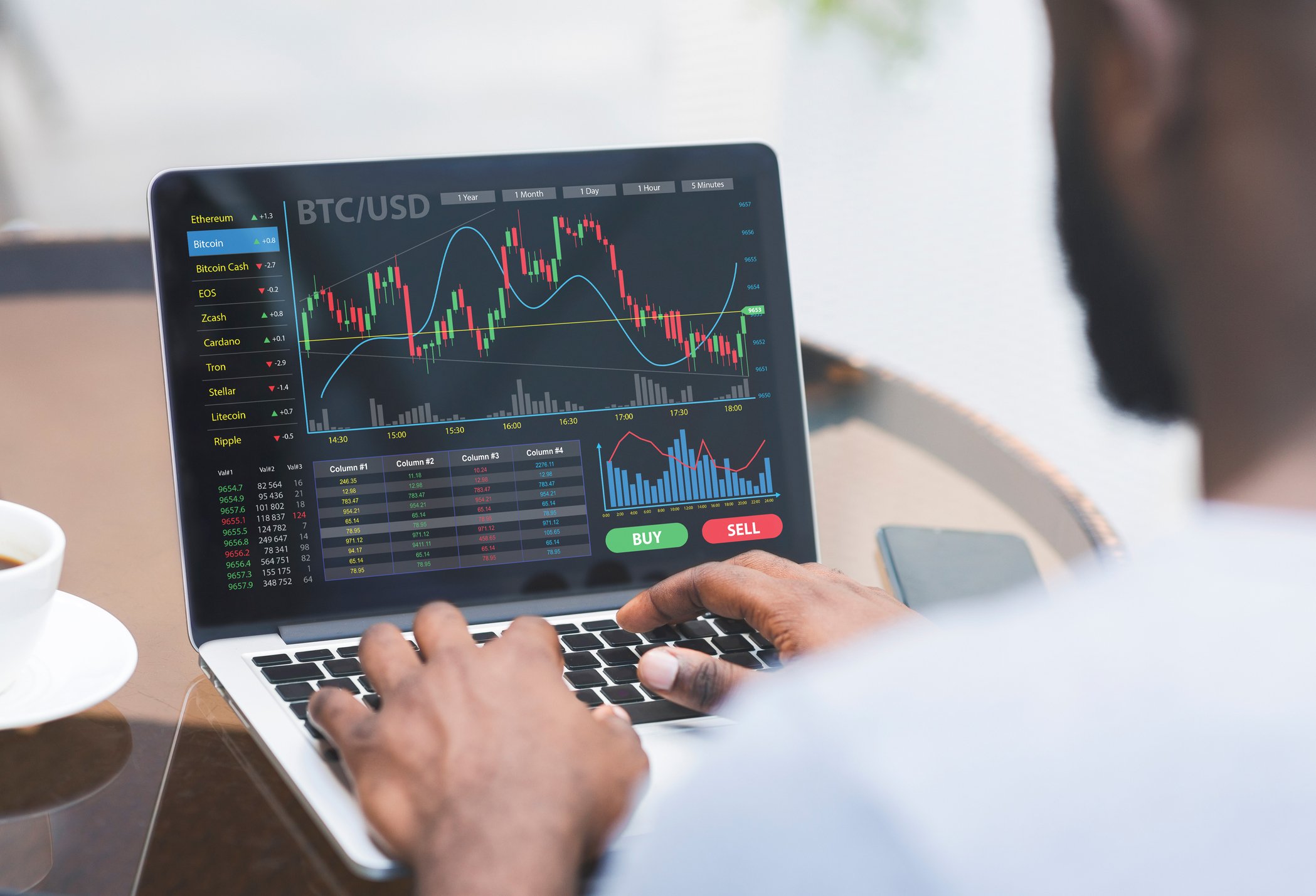 Peson on computer looking at volatile trading chart.