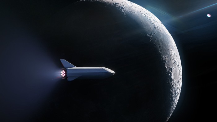 Artist's concept of SpaceX Starship flying past the moon.