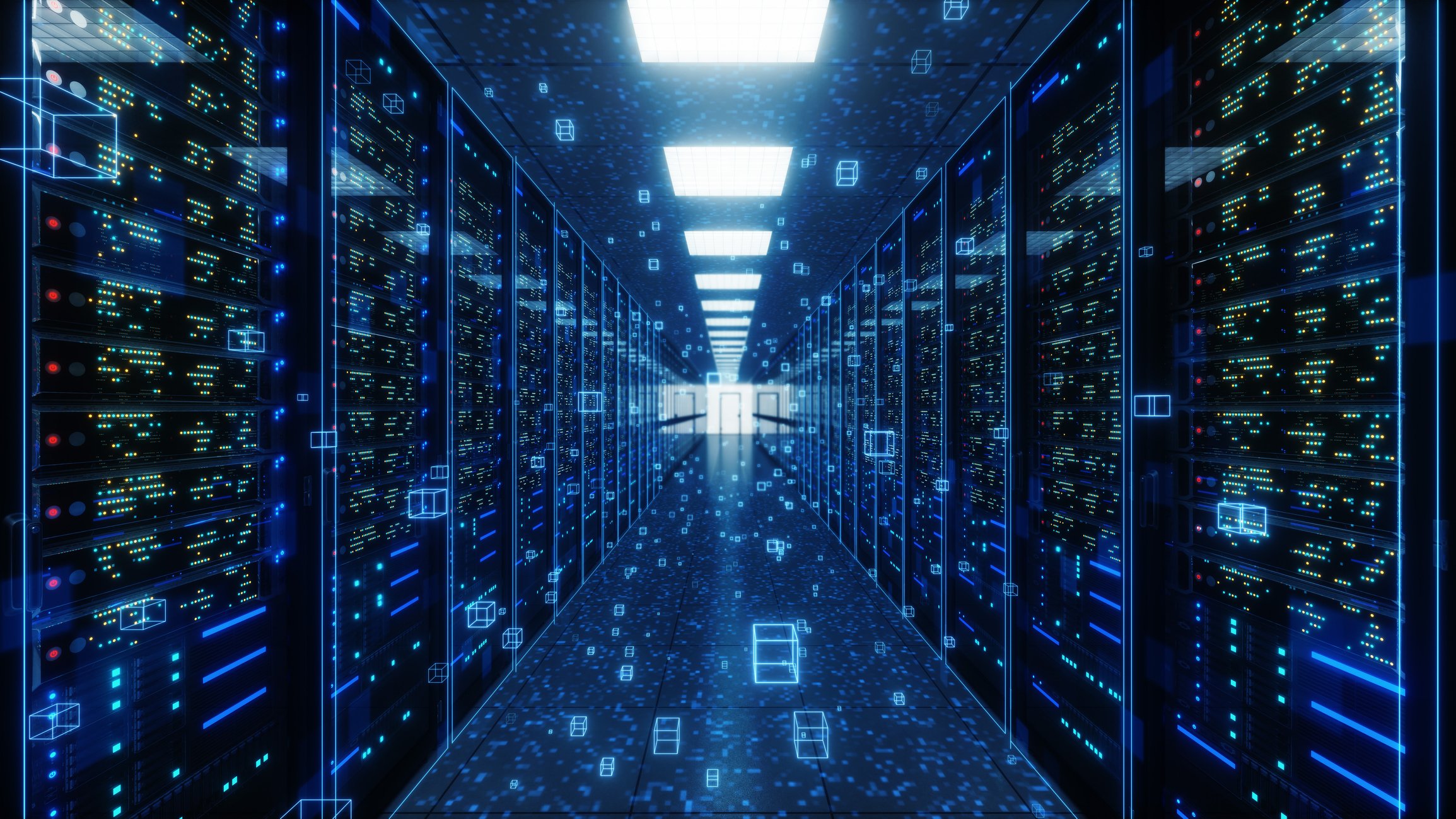 A data cneter hallway lined with servers. Digital cubes float in the air.