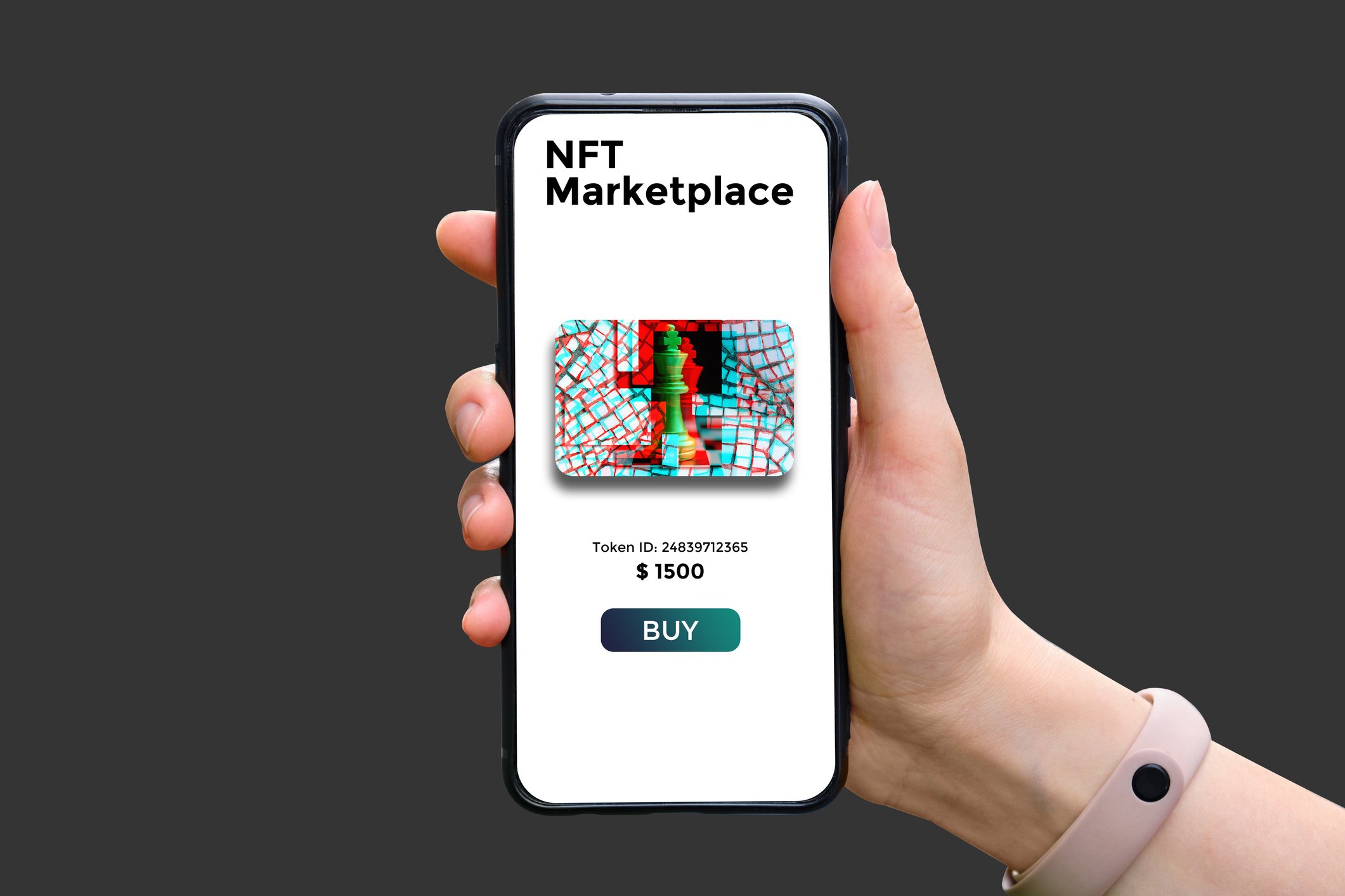 Hand holding phone that says NFT Marketplace.
