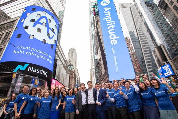 The Amplitude team standing outside of the Nasdaq stock exchange.