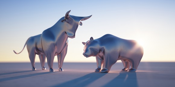 A bull figurine and a bear figurine.