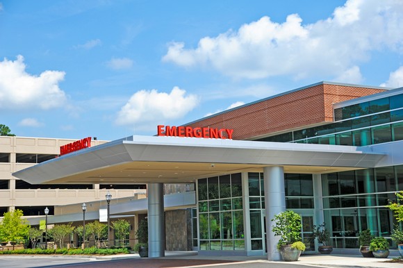 The exterior of a hospital's emergency room entrance.