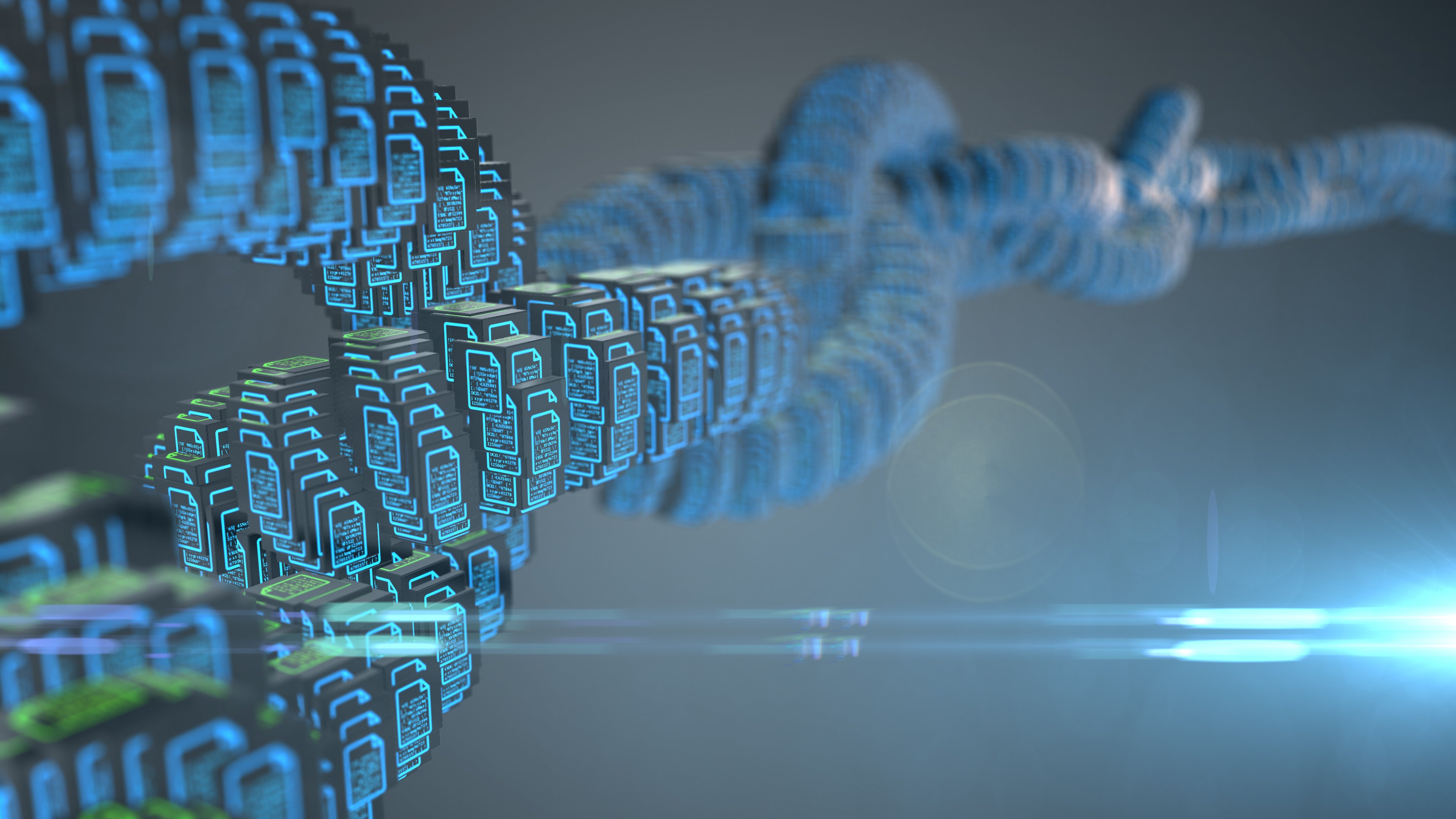 A blockchain encryption visualized with blue blocks in cyberspace.