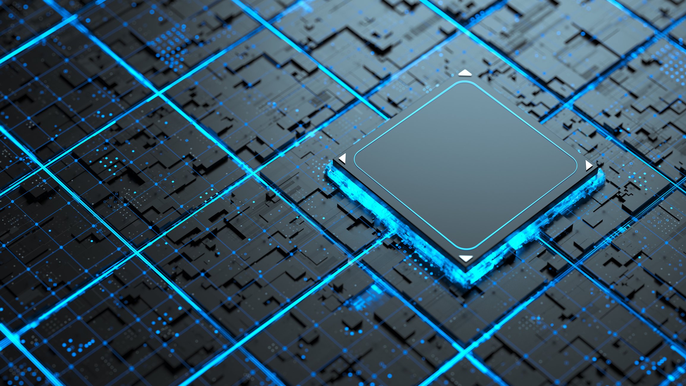 A close-up rendering of a computer chip. 