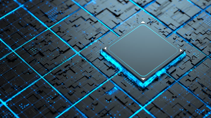 A close-up rendering of a computer chip. 