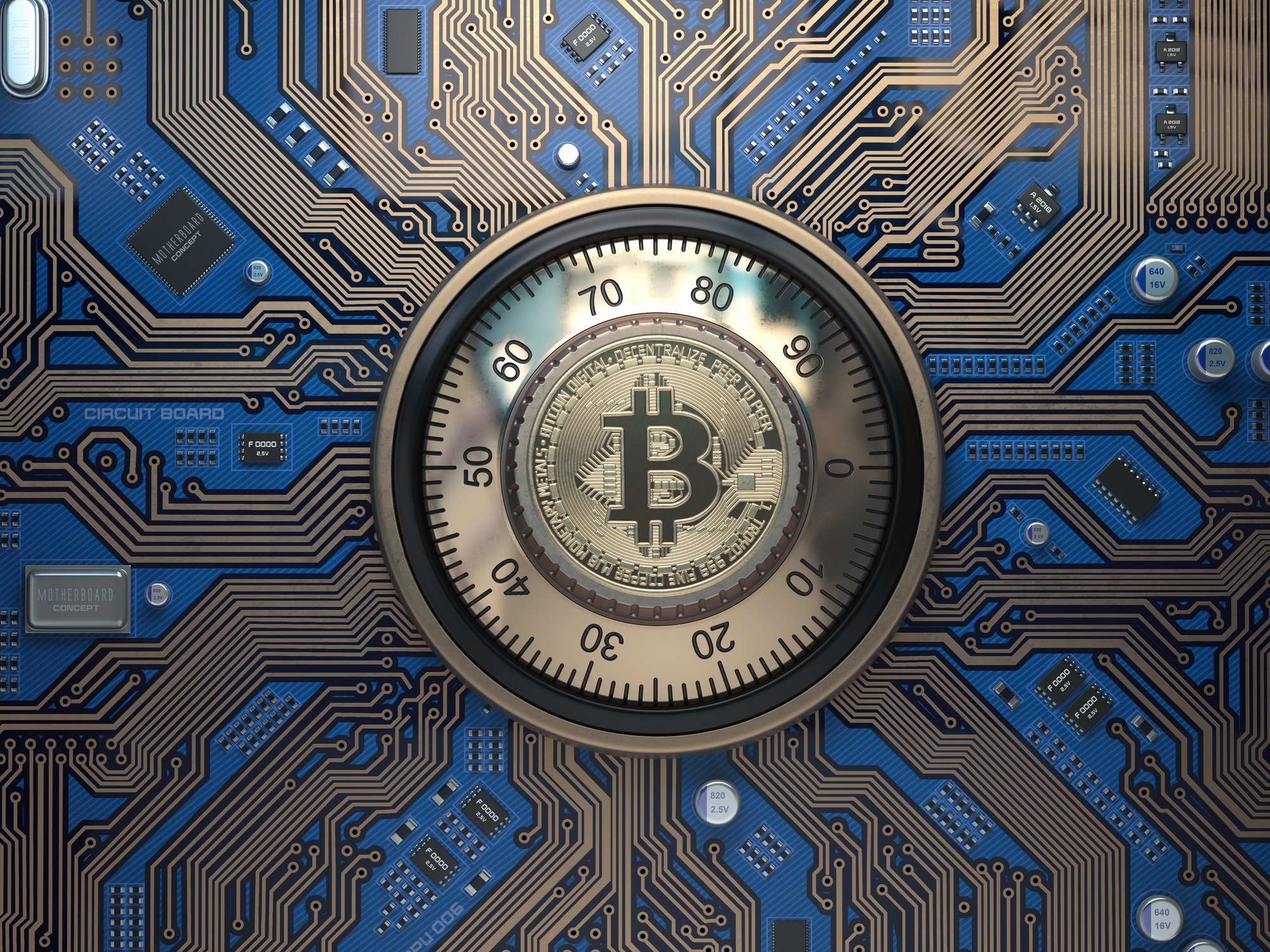 bitcoin symbol on safe lock and circuit board