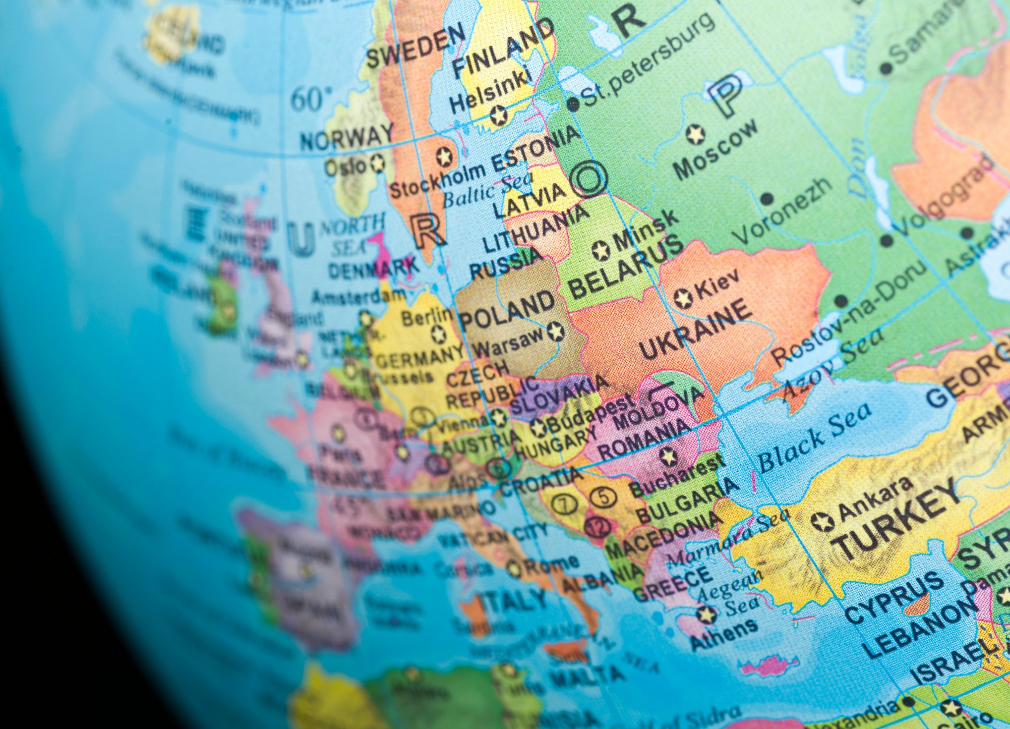 A globe with focus on Ukraine and Russia.