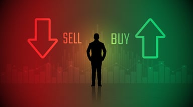 silhouette of investor with words buy and sell