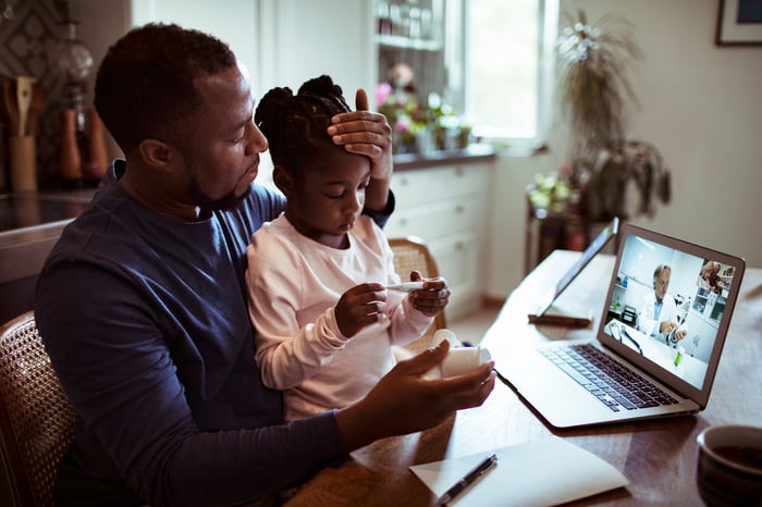 Parent and child on a telemedicine conference call with a physician.