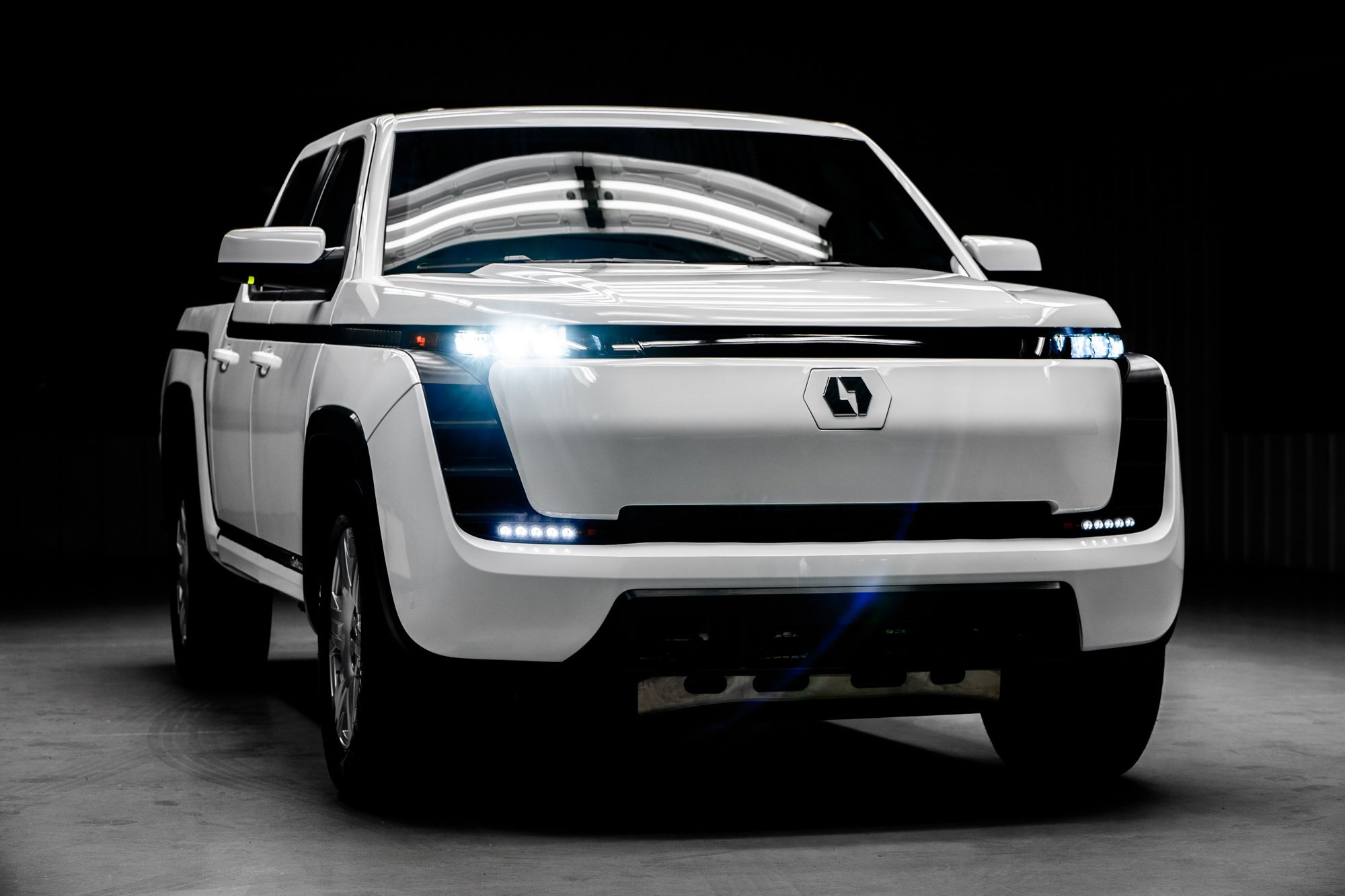 white Lordstown Endurance electric pickup truck. 
