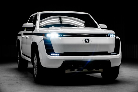 white Lordstown Endurance electric pickup truck. 
