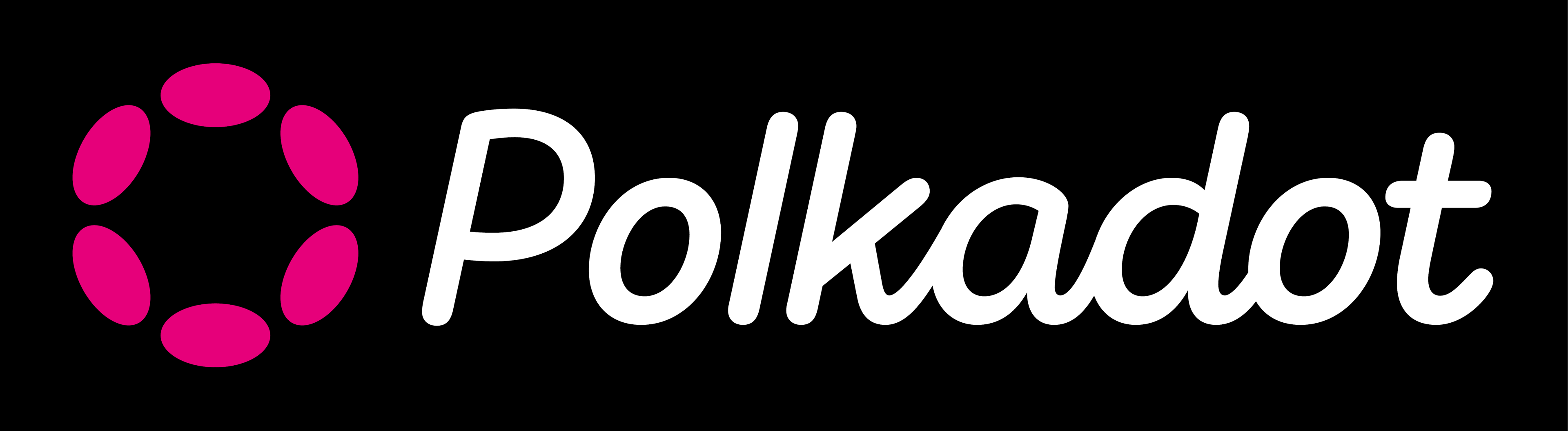 The official Polkadot logo, white and pink on black.