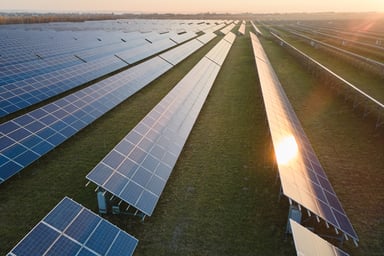 Rows of solar panels in a field reflect the sun.