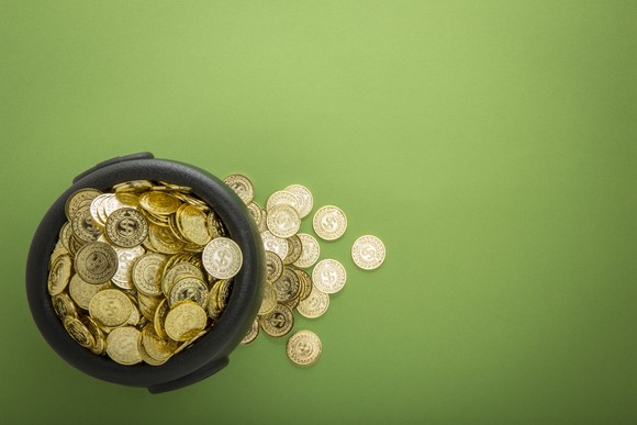 Pot of gold with gold coins on green surface.