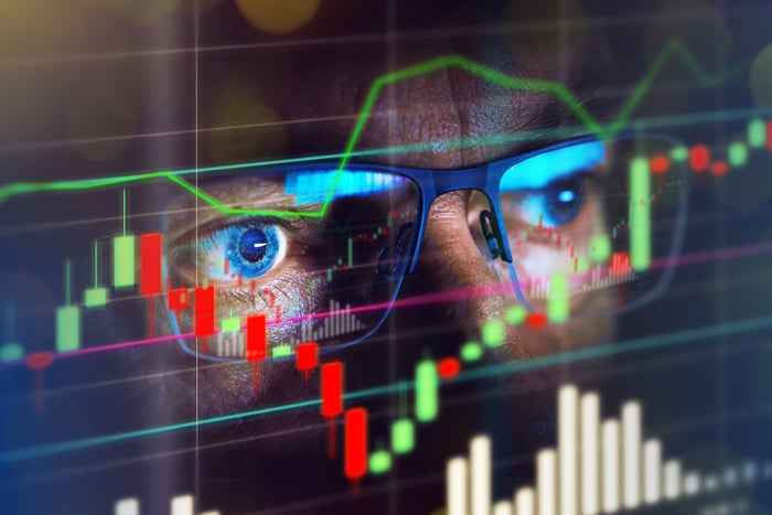 Person's eyes reflected in a screen showing market data.