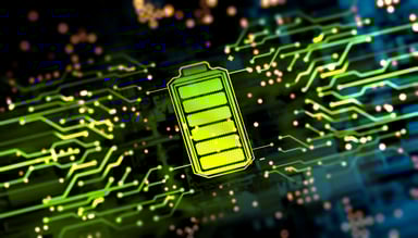 A battery icon on a circuit board.