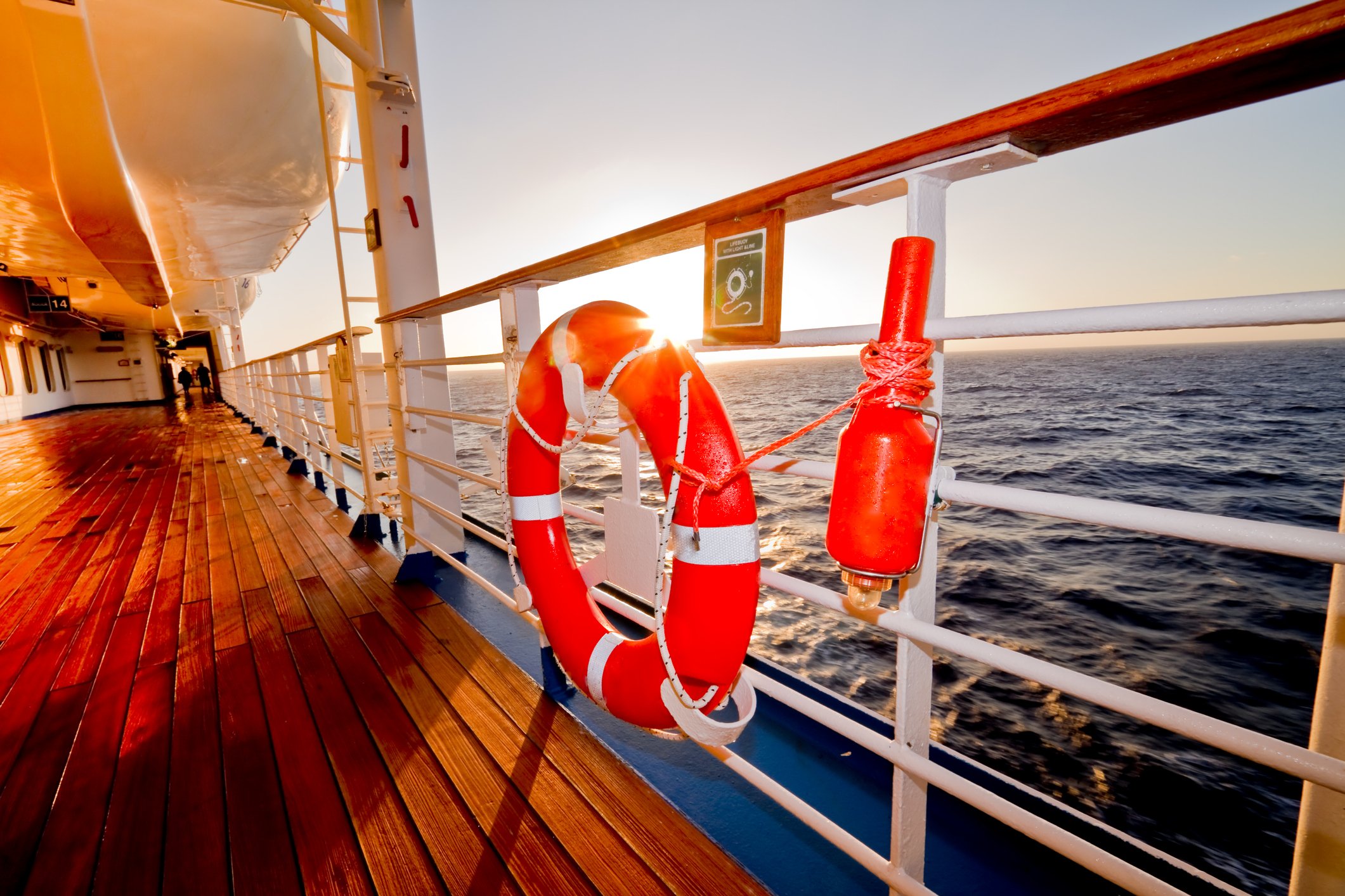 Life preserver and safety beacon on the deck of a ship.